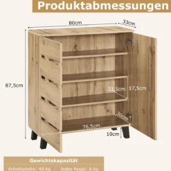 4-stöckiger Schuhschrank 2-türiger Aufbewahrungsorganisator mit Lamellentür & herausnehmbaren Regalen Natur