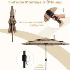 3-Stöckiger Terrassenschirm Doppelt Belüfteter Außenschirm 306 x 306 x 252 cm Braun