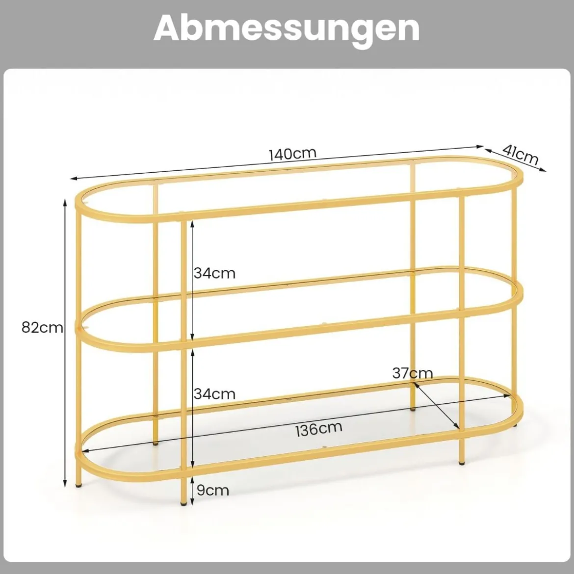 3-stöckiger TV-Schrank Fernsehtisch für Fernseher bis zu 65 Zoll Gold 140 x 41 x 82 cm
