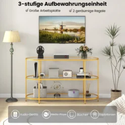 3-stöckiger TV-Schrank Fernsehtisch für Fernseher bis zu 65 Zoll Gold 140 x 41 x 82 cm