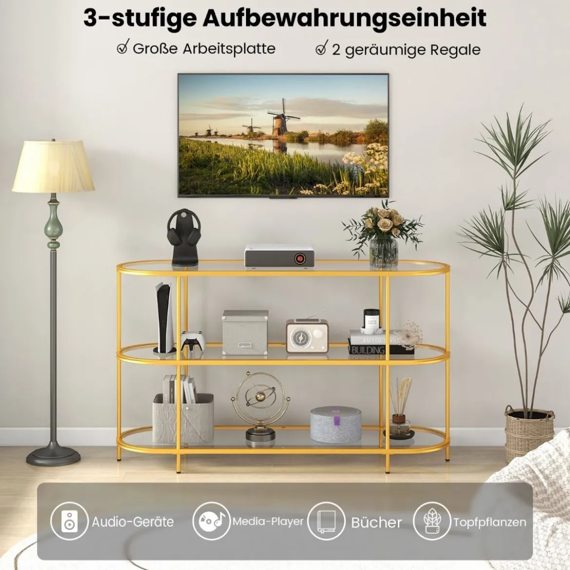 3-stöckiger TV-Schrank Fernsehtisch für Fernseher bis zu 65 Zoll Gold 140 x 41 x 82 cm