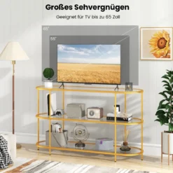3-stöckiger TV-Schrank Fernsehtisch für Fernseher bis zu 65 Zoll Gold 140 x 41 x 82 cm