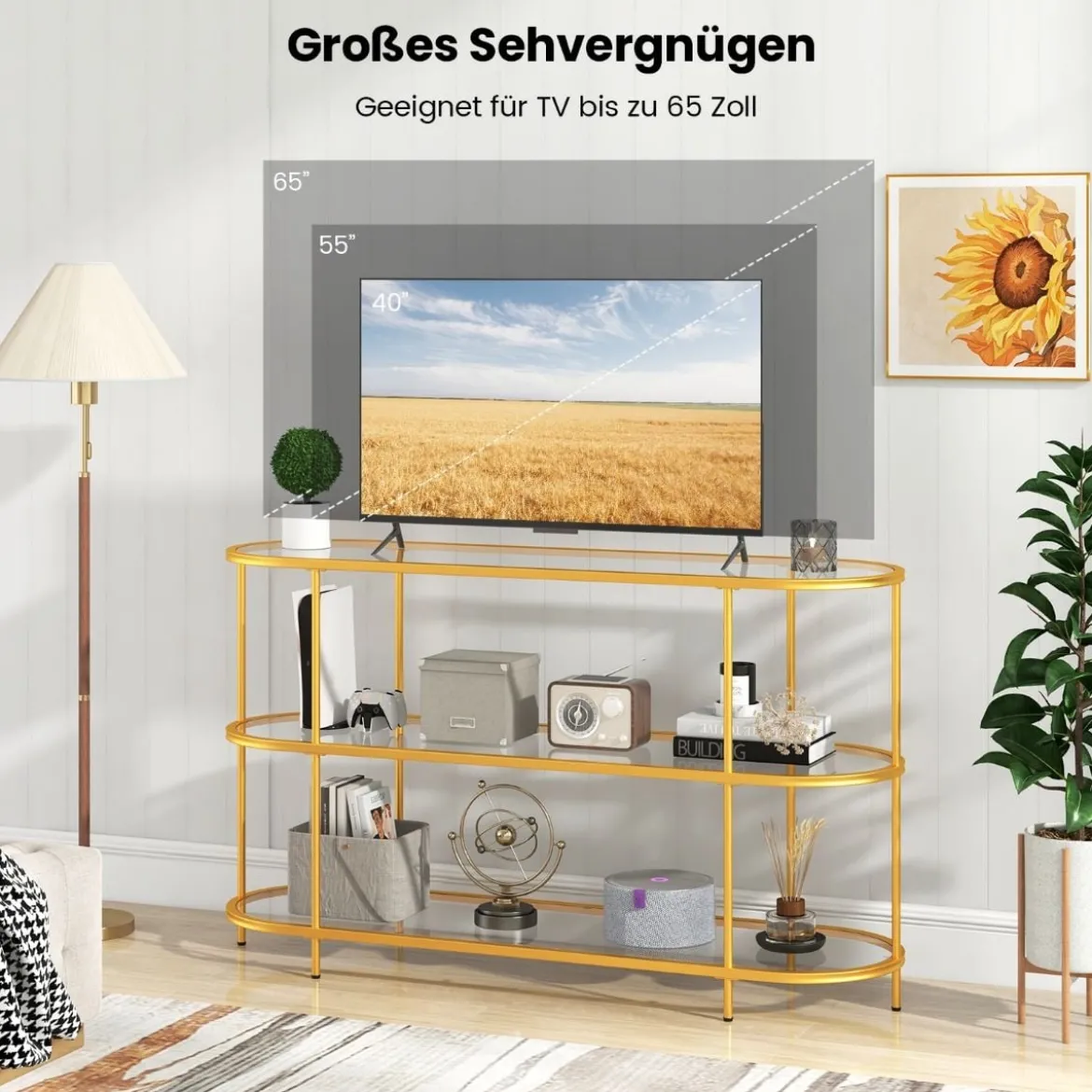 3-stöckiger TV-Schrank Fernsehtisch für Fernseher bis zu 65 Zoll Gold 140 x 41 x 82 cm