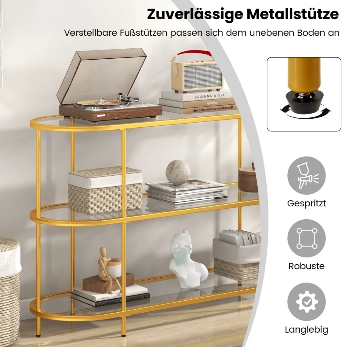 3-stöckiger TV-Schrank Fernsehtisch für Fernseher bis zu 65 Zoll Gold 140 x 41 x 82 cm