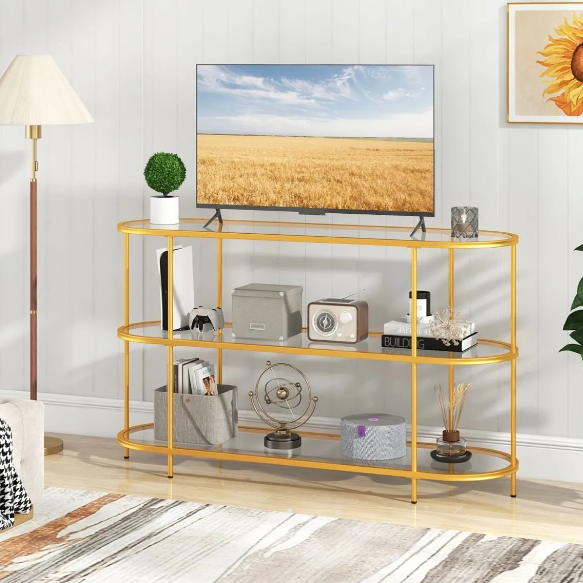 3-stöckiger TV-Schrank Fernsehtisch für Fernseher bis zu 65 Zoll Gold 140 x 41 x 82 cm