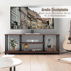 3-Stöckiger TV Ständer mit Massivem Metallrahmen und Offenen Spanplattenregalen Kaffee