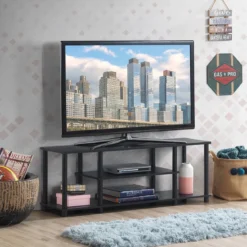 3-Stöckiger TV Ständer mit Massivem Metallrahmen und Offenen Spanplattenregalen Schwarz
