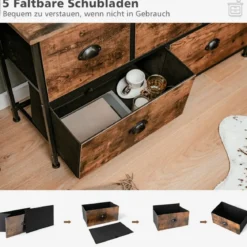 2-stöckige Rustikale Kommode mit 5 Schubladen & Faltbaren Stoffschubladen Braun