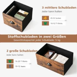 2-stöckige Rustikale Kommode mit 5 Schubladen & Faltbaren Stoffschubladen Braun