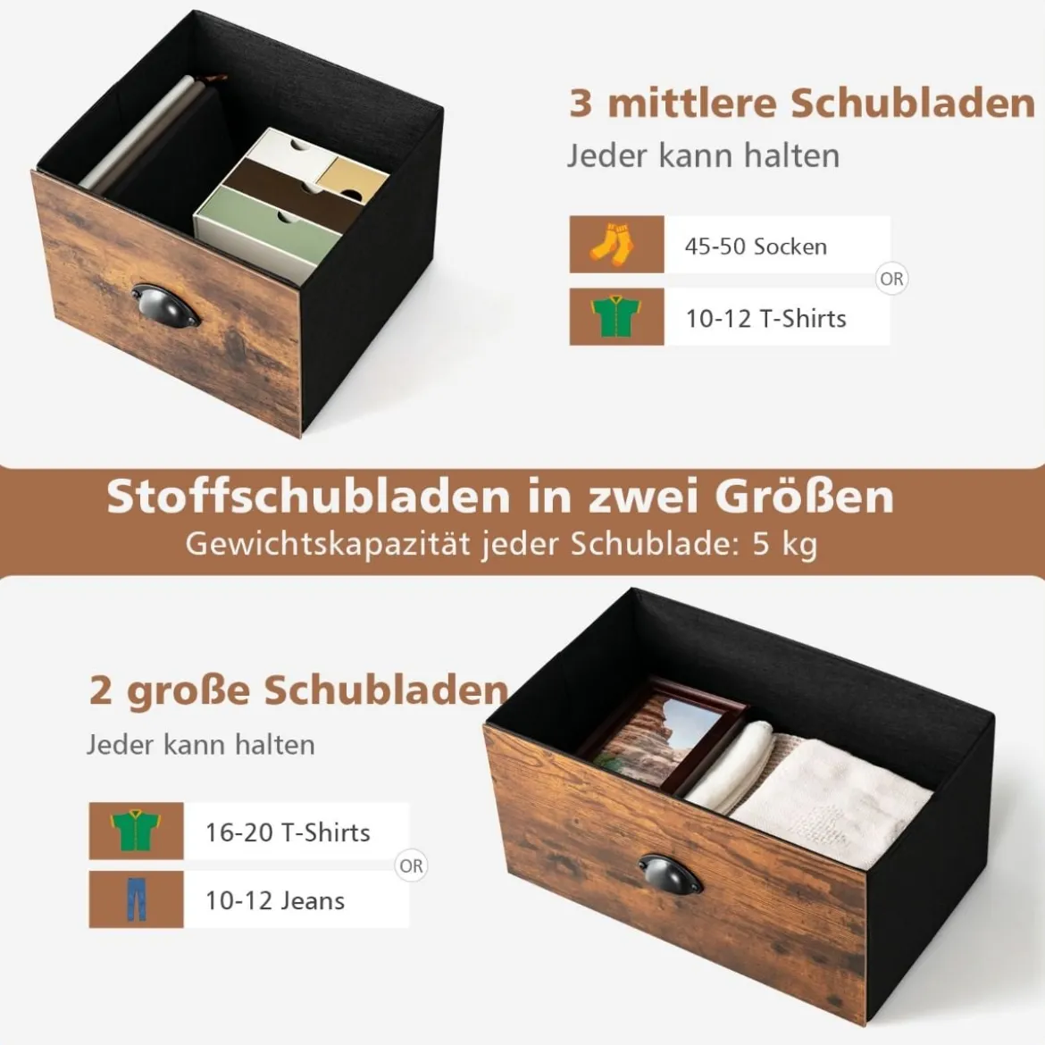 2-stöckige Rustikale Kommode mit 5 Schubladen & Faltbaren Stoffschubladen Braun