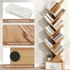 10-stöckiges Baum-Bücherregal mit Schublade Bodenstehendes Lagerregal Natur