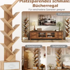 10-stöckiges Baum-Bücherregal mit Schublade Bodenstehendes Lagerregal Natur