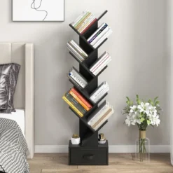 10-stöckiges Baum-Bücherregal mit Schublade Bodenstehendes Lagerregal Schwarz