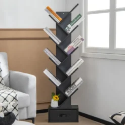 10-stöckiges Baum-Bücherregal mit Schublade Bodenstehendes Lagerregal Schwarz