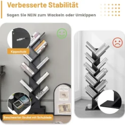 10-stöckiges Baum-Bücherregal mit Schublade Bodenstehendes Lagerregal Schwarz