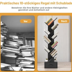 10-stöckiges Baum-Bücherregal mit Schublade Bodenstehendes Lagerregal Schwarz