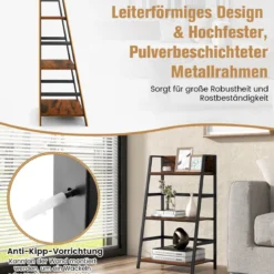 3-stöckiges Bücherregal aus Holz mit Metallrahmen & Kippschutz Industrielles Leiterregal