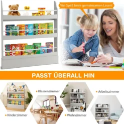 3-Stöckiges Bücherregal für Kinder Freistehendes Ablageregal Grau