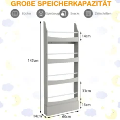 4-Stöckiges Bücherregal für Kinder Freistehendes Ablageregal mit Kippschutz 60 x 14 x 147 cm Grau