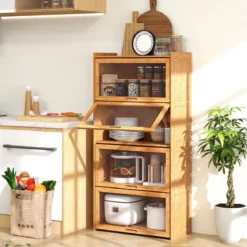 4 stöckiges Bücherregal mit Acryltüren Vitrinenschrank aus Bambus 69 x 34 x 140 cm Braun/Natur