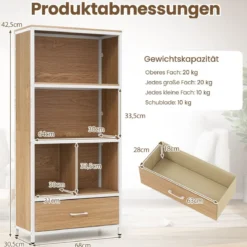4-stöckiges Bücherregal mit Offenen Fächern & StoffSchublade Standregal Bücherschrank Natur