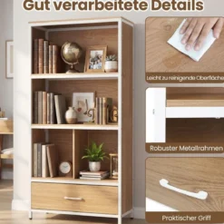 4-stöckiges Bücherregal mit Offenen Fächern & StoffSchublade Standregal Bücherschrank Natur