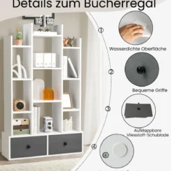 12-Stöckiges Bücherregal mit Offener Rückseite & Schublade 81 x 24 x 132 cm Weiß