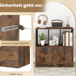 3-stöckiges Bücherregal mit 2 Türen Würfelregal mit Offenen Fächern & Bücherschrank Braun