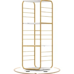 4-stöckiges drehbares Bücherregal 360° drehbarer Bücherturm mit Metallrahmen Gold und Weiß