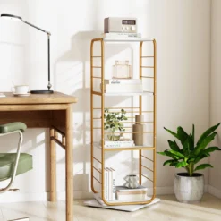 4-stöckiges drehbares Bücherregal 360° drehbarer Bücherturm mit Metallrahmen Gold und Weiß
