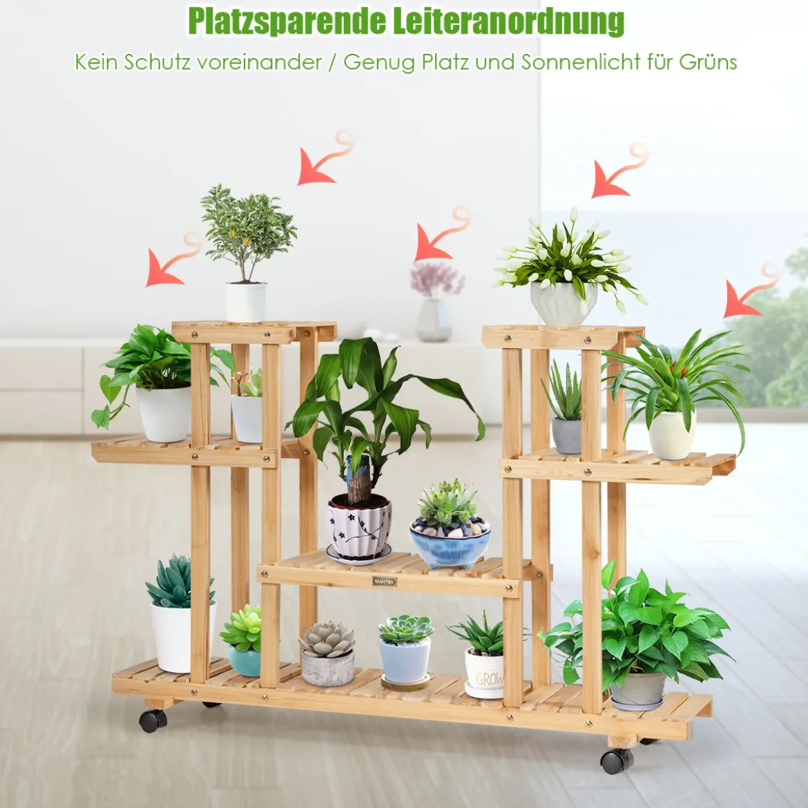 4-stöckiges hölzernes Blumenregal mit Rädern Pflanzentreppe Blumenständer Holz 120 x 25 x 80 cm Natur
