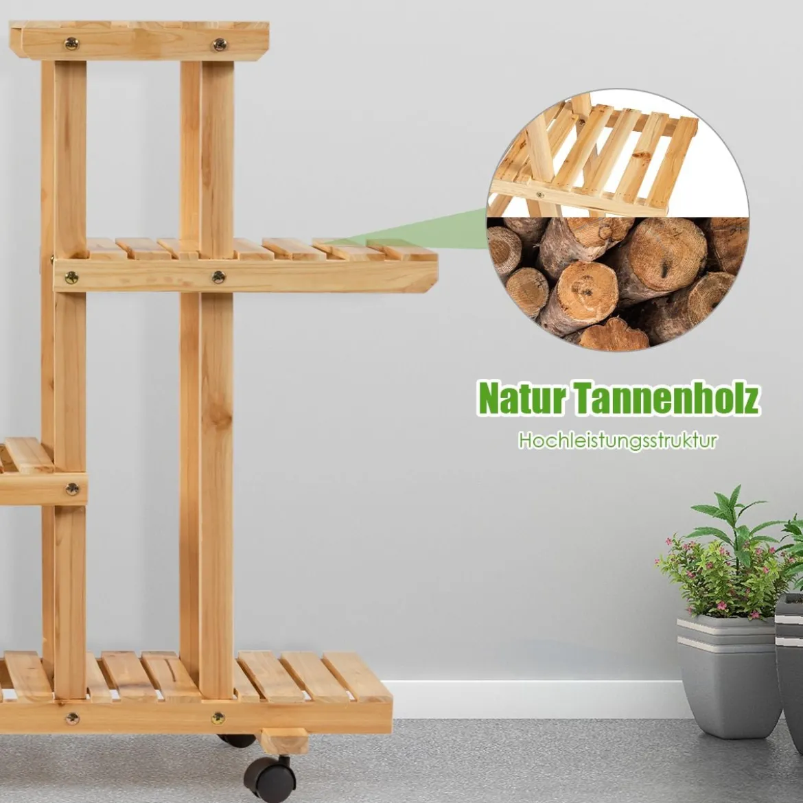 4-stöckiges hölzernes Blumenregal mit Rädern Pflanzentreppe Blumenständer Holz 120 x 25 x 80 cm Natur