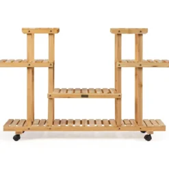 4-stöckiges hölzernes Blumenregal mit Rädern Pflanzentreppe Blumenständer Holz 120 x 25 x 80 cm Natur