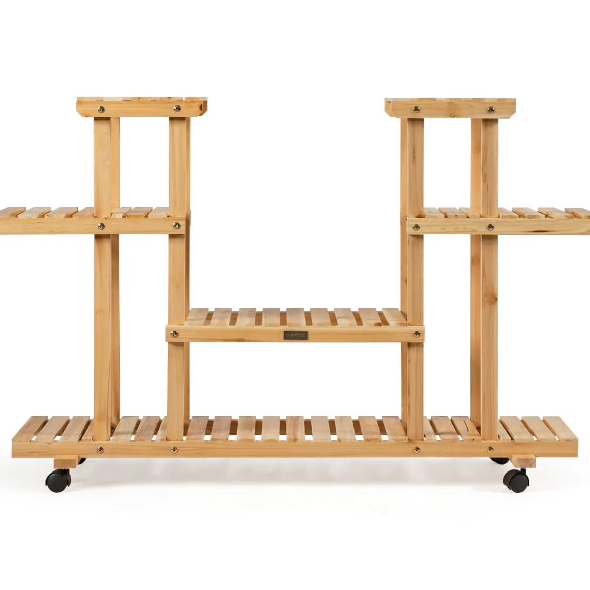 4-stöckiges hölzernes Blumenregal mit Rädern Pflanzentreppe Blumenständer Holz 120 x 25 x 80 cm Natur