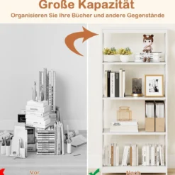 5-stöckiges hohes Bücherregal offenes Holzregal mit rhombischer Struktur Weiß