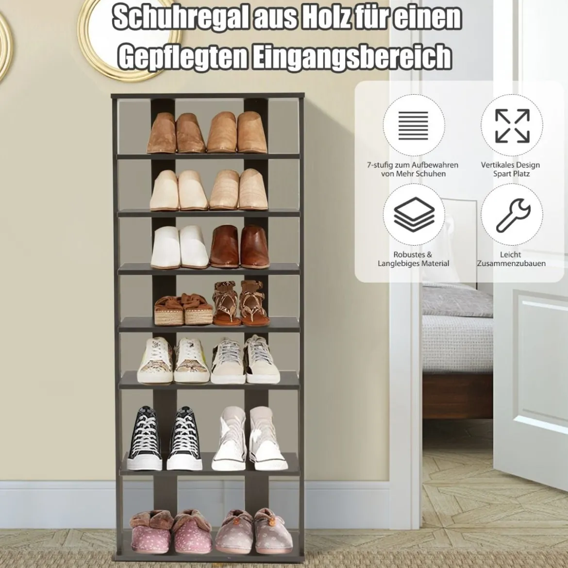 7-stöckiges industrielles vertikales Schuhregal mit mehreren Schichten & abnehmbarem Brett 110,5 cm