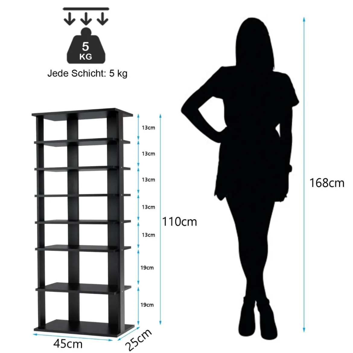 7-stöckiges industrielles vertikales Schuhregal mit mehreren Schichten & abnehmbarem Brett 110,5 cm