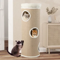 4-stöckiges Katzenhaus für mehrere Katzen erhöhter Haustier-Unterschlupf mit abnehmbarem Plüschbett Braun