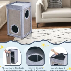 2-stöckiges Katzenhaus mit versteckter Höhle abnehmbarem Kissen Sisal Kratzunterlage & oberer Plattform mit Plüschstoffbezug Grau