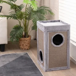 2-stöckiges Katzenhaus mit versteckter Höhle abnehmbarem Kissen Sisal Kratzunterlage & oberer Plattform mit Plüschstoffbezug Grau