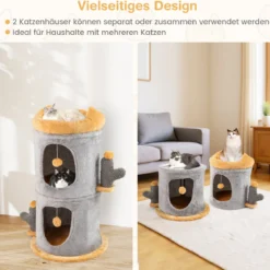 2-stöckiges Katzenhaus niedlicher kleiner Katzenbaum mit 2 gemütlichen Katzenhöhle Grau+Orange
