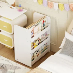 3-stöckiges Kinderbücherregal mit Rollen doppelseitige Buchanzeige & Aufbewahrungswagen Weiß