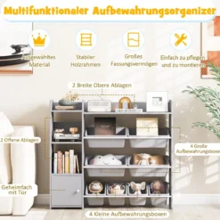 4-stöckiges Kinderregal mit 8 Aufbewahrungsboxen & 2 Offenen Regalen Spielzeugregal Grau