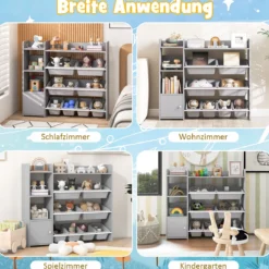 4-stöckiges Kinderregal mit 8 Aufbewahrungsboxen & 2 Offenen Regalen Spielzeugregal Grau