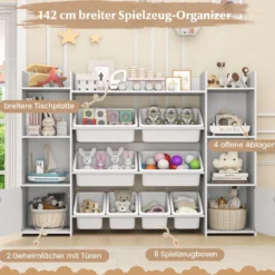 4-stöckiges Kinderregal mit 8 Boxen & 2 Schänken & Regalen Holz Spielzeugschrank Weiß