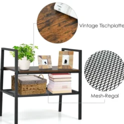 2-Stöckiges Lagerregal Gitterregal aus Holz & Metall Kompaktes Lagerregal Braun und Schwarz