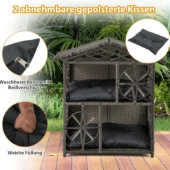 2-stöckiges Rattan-Katzenhaus mit Abnehmbaren Kissen Erhöhter Katzenschrank Katzenhöhle