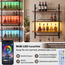 3-stöckiges schwebende Wandregal Hängeregal mit RGB-LED Beleuchtung 80,5 x 24 x 97 cm
