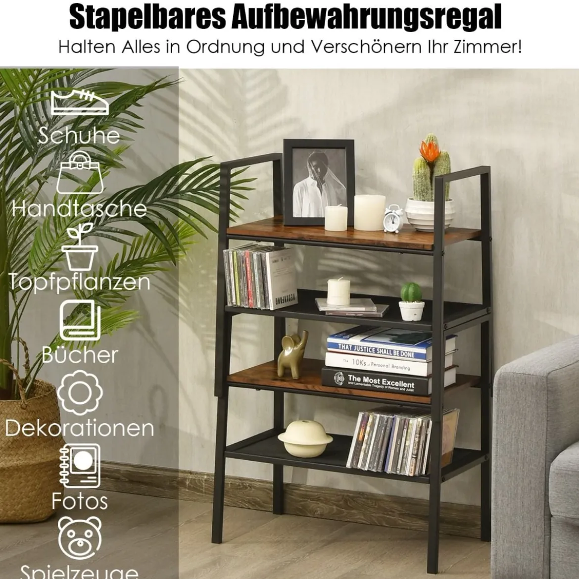 2-Stöckiges Stapelbares Schuhregal aus Holz- & Metall 54 x 32 x 52 cm Braun + Schwarz