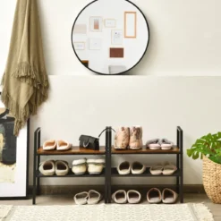 2-Stöckiges Stapelbares Schuhregal aus Holz- & Metall 54 x 32 x 52 cm Braun + Schwarz